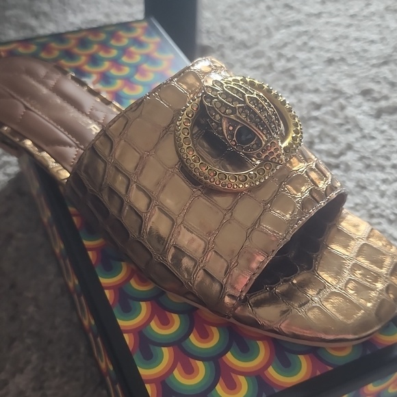 Kurt Geiger Gold Croc-Texture Slide Mules with Embellished Medallion.  New - Picture 8 of 15